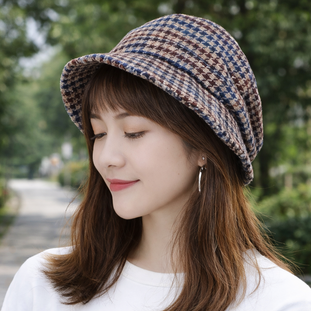 韓國製秋冬保暖毛料格子漁夫帽